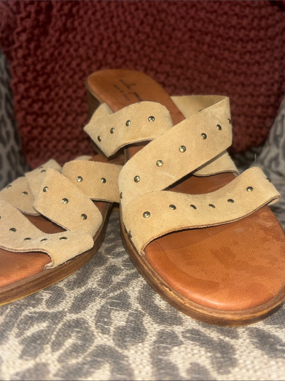 Mila Paoli sandals Italian leather studded suede strappy heeled slip on sandals